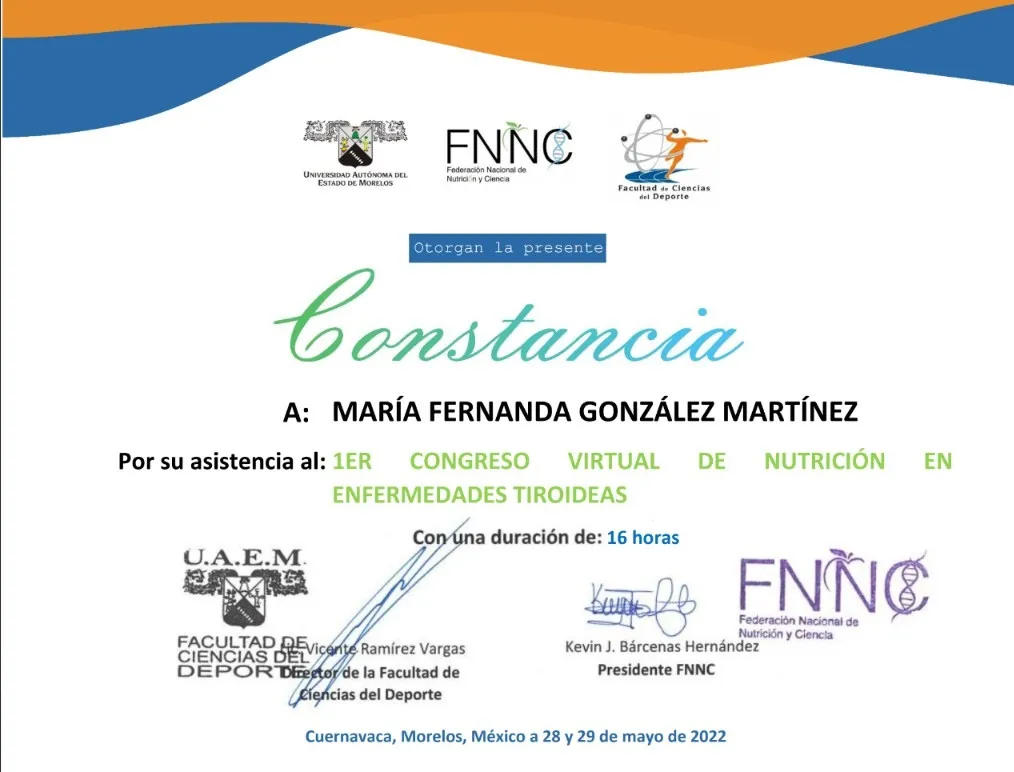 Constancia: Nutrición en enfermedades tiroideas