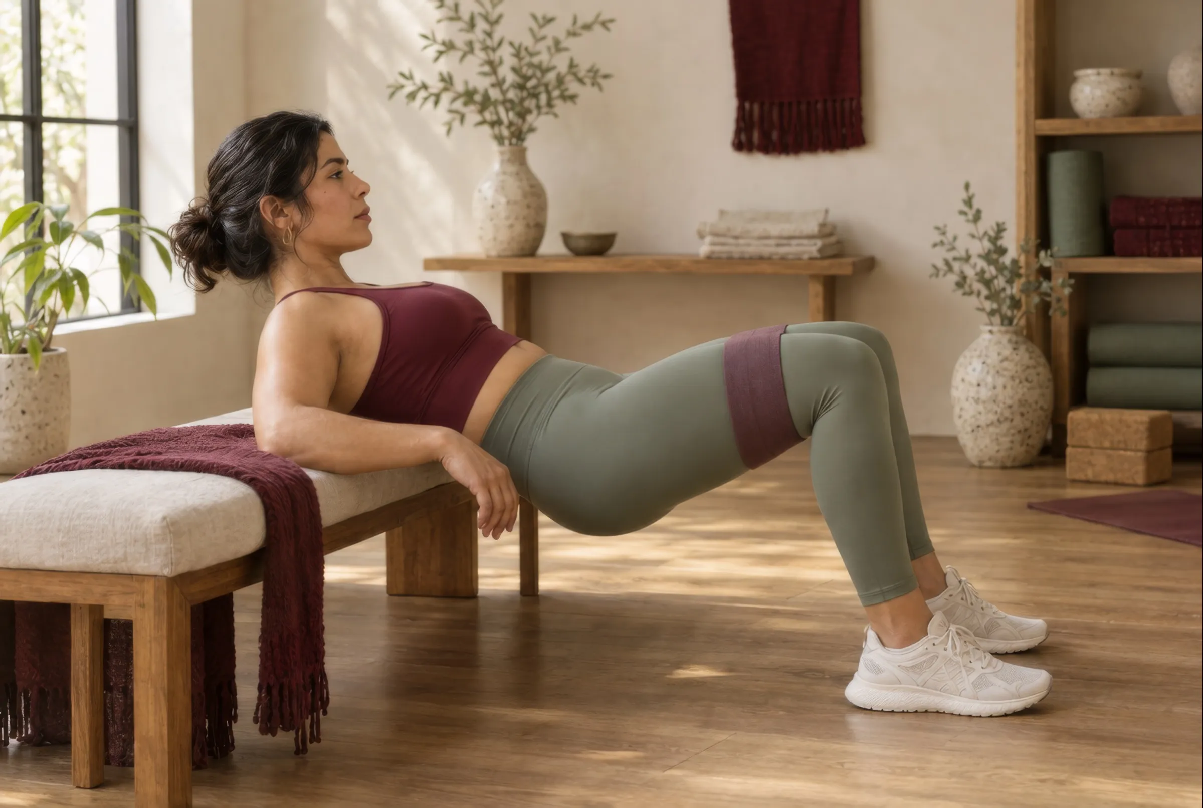 Mujer realizando hip thrust con banda de resistencia en un estudio con luz natural