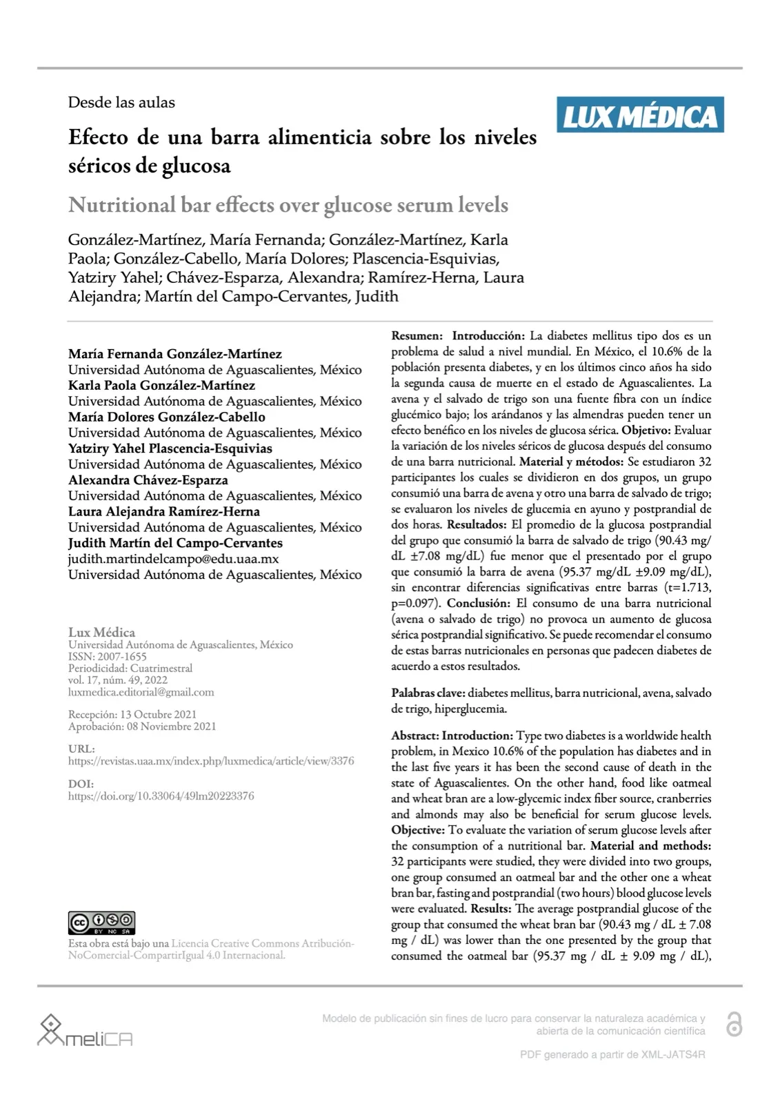 Primera página del artículo “Efecto de una barra alimenticia sobre los niveles séricos de glucosa”, revista Lux Médica, 2022