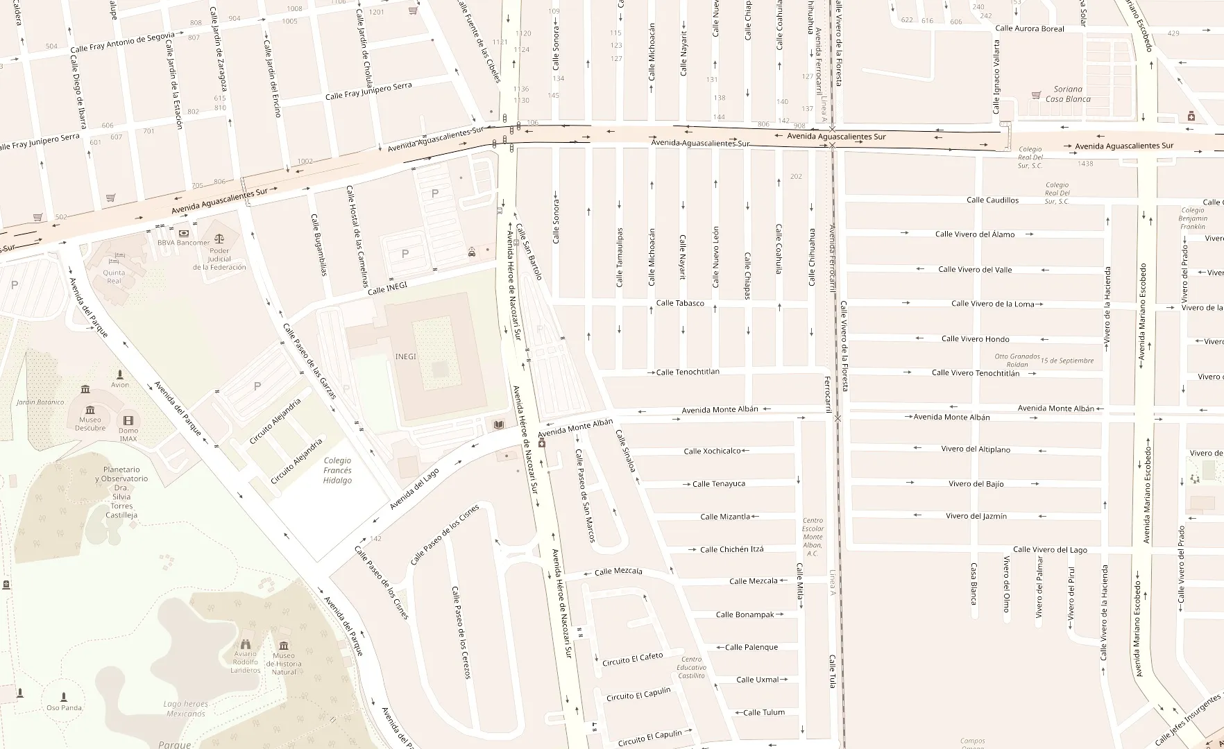 Mapa de la colonia Pirámides, Aguascalientes, con la ubicación del consultorio. Cerca de Av. Monte Albán y Av. Héroe de Nacozari.