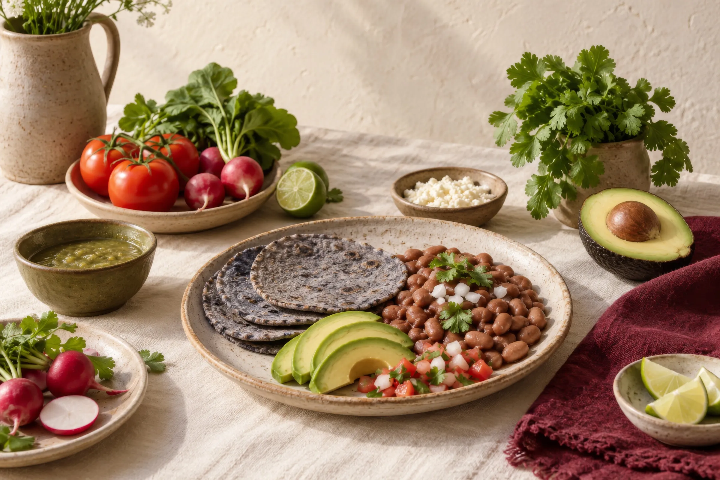 Mesa con tortillas de maíz azul, frijoles, aguacate, pico de gallo y salsa verde