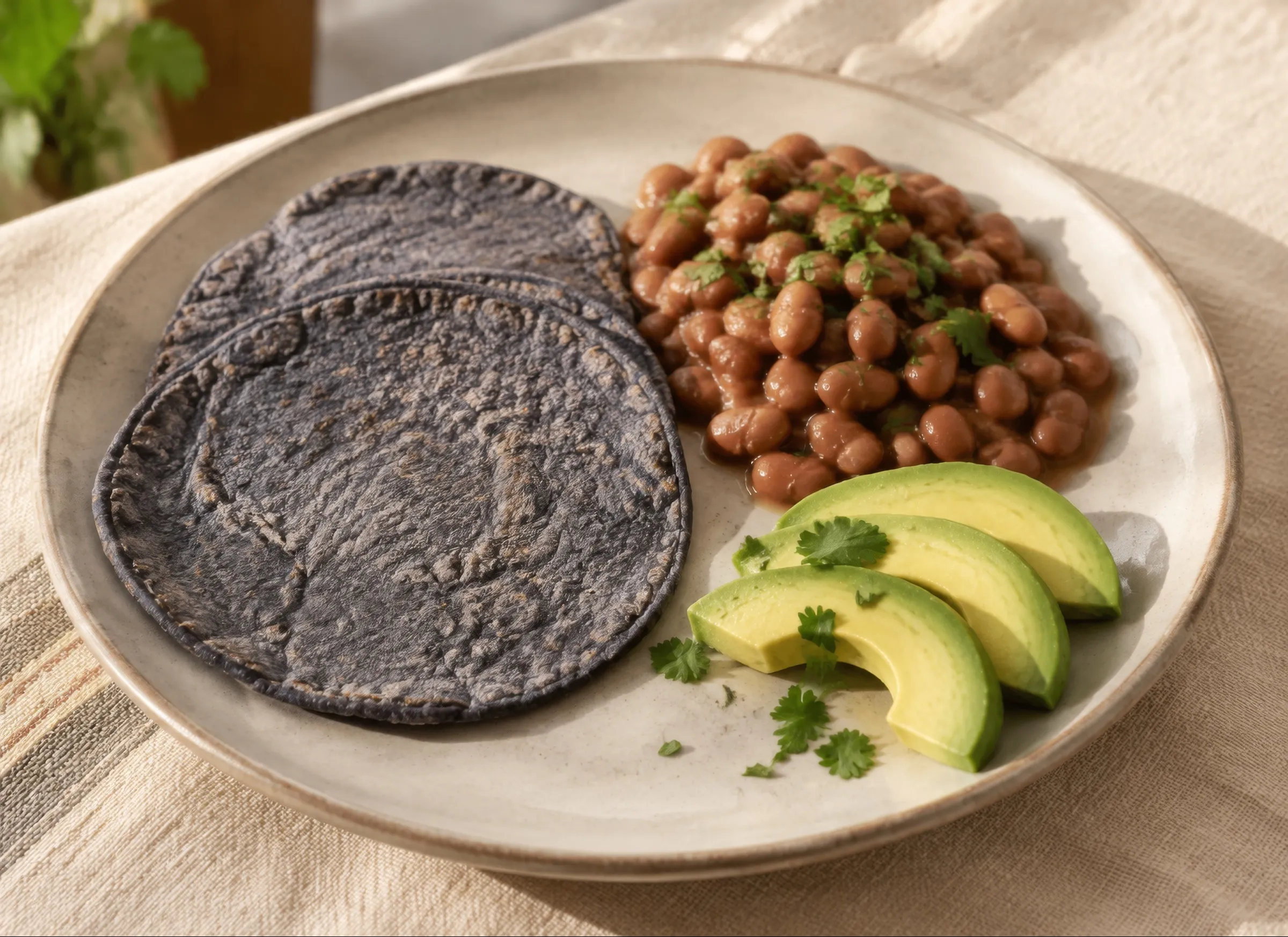 Tortillas de maíz azul con frijoles y aguacate, un plato adecuado para resistencia a la insulina